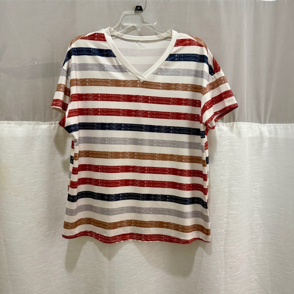 Shein Women's Striped V-Neck Blouse Size L Short Sleeved Lightweight Casual